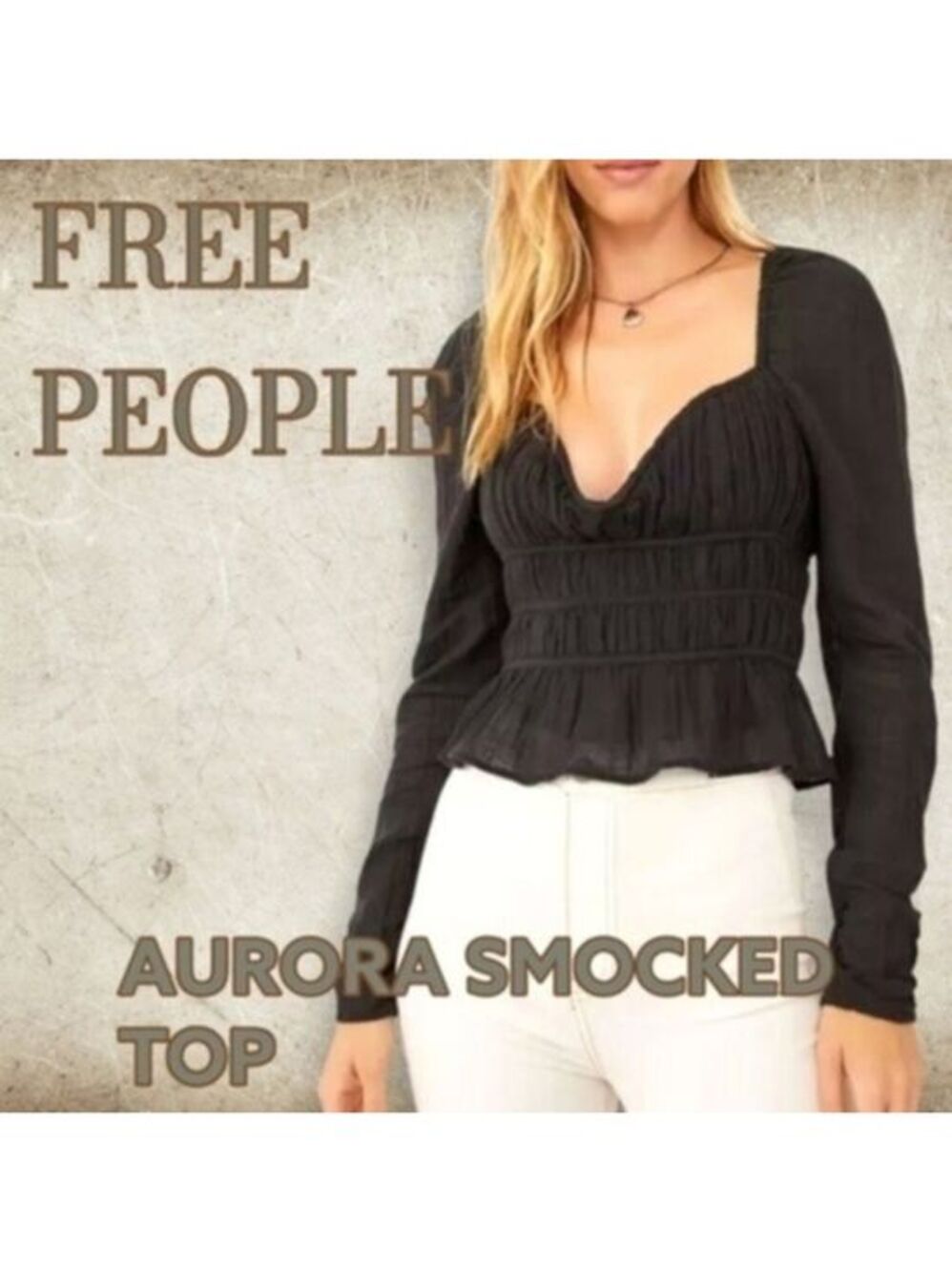 FREE PEOPLE Chloe/Aurora Smocked V-Neck Tie Back Long Sleeve Top NWT/BLACK/LG